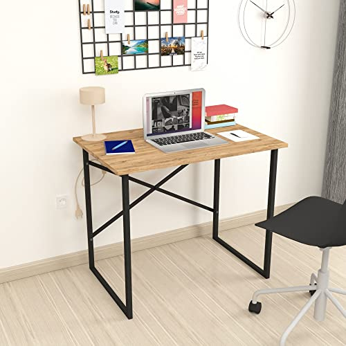 [en.casa] Escritorio Tjeldsund Mesa de Ordenador Estudio Trabajo para Oficina Tablero Rectangular Aglomerado Estructura Metálica 74 x 90 x 60 cm - Roble/Antracita
