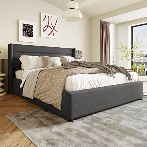 Doppelbett Stauraumbett Hydraulisch Polsterbett 180x200cm, Bettgestell aus Metallrahmen und Leinendecke, mit Lattenrost aus Holz, Hoher Bettkopf für Bequeme Rückenstütze, Schlichtes Design, Grau