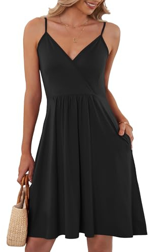 AUSELILY Womens Summer Dress V Neck Spaghetti Strap Dress Casual Beach Dresses for Women UK with Pockets Black M