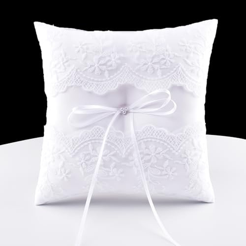 STAFUNI Wedding Ring Bearer Pillow, White Lace Ring Pillow Ring Bearer Cushion for Wedding Cereomoy Party