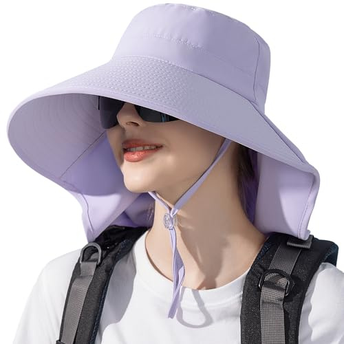 WANYI Sonnenhut Damen mit Nackenschutz Breite Krempe Sommer Sonnenschutz Hut Outdoor Wanderhut UV Schutz Fischerhut mit Pferdeschwanz-Loch für Angler, Garten, Sandstrand 55-60CM