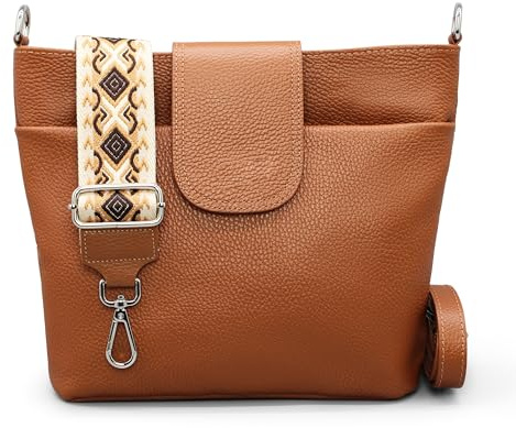 Brise Art Umhängetasche Damen Echtes Leder ELLIE Handgemachte Crossbody Bag mit Ledergurt + Optionalen Breiten Gemusterten Riemen 6 Fächer Wasserdichte Schultertasche Made in Italy (Cognac Braun - 3)