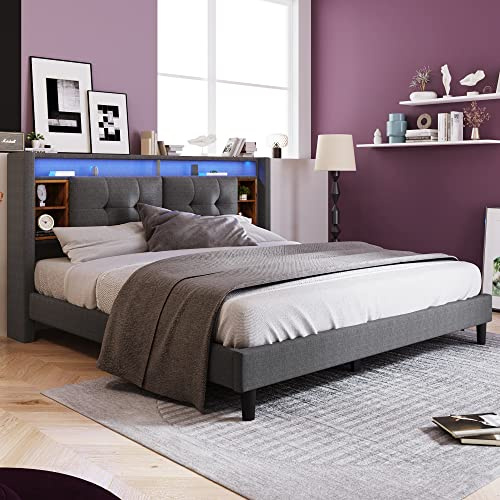 ZUUYEE Bett 140x200 mit Aufladen USB und LED-Beleuchtung, Polsterbett Doppelbett mit Stauraum-Kopfteil, Betten 140x200, Bettgestell Lattenrost aus Holz, Grau (Ohne Matratze)