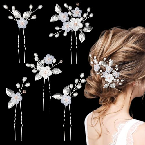 MELLIEX 5 Stück Hochzeit Haarnadeln, Blumen Perlen Braut Haarschmuck Silber Brautschmuck Haare U-förmig Hochzeit Haarspangen