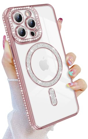 Newseego Custodia Magnetica per iPhone 15 PRO Max [Compatibile con Magsafe], Glitter Antiurto Antiscivolo Ragazze Donne Lente all Inclusive Cover Morbida e Sottile in TPU per iPhone 15 PRO Max-Rosa