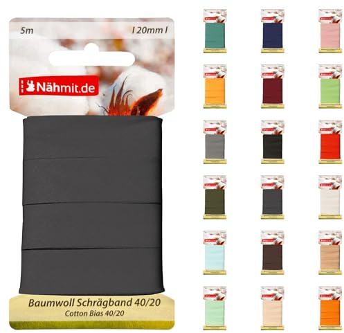 Nähmit 5m Karte Baumwoll Schrägband, 100% Baumwolle 20mm Breit - 40/20 vorgebügeltes Schrägband (A19-Dunkelgrau, 5m Karte)
