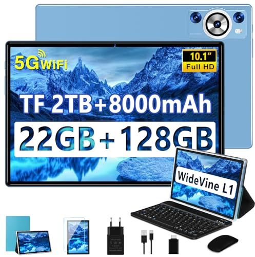 Tablet 10 Zoll Android,Tablets mit Tastatur, Octa-Core 2.0Ghz, 5G+2.4G WLAN, 22GB RAM+128GB ROM TF 1TB, 8000mAh, BT 5.0, GPS, Widevine L1, Gesichtserkennung, 1280*800, 8+5MP, Tablet mit Maus, Blau