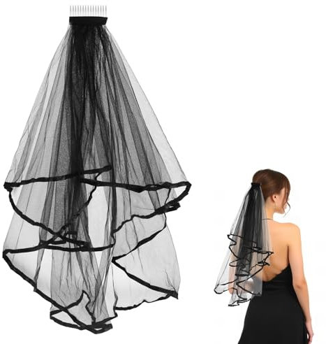 Schwarzer Schleier Halloween Schleier Braut, Brautschleier Lang Schwarz Schleier Bridal Tüll Spitze Hexe Cosplay mit Kamm 60–80 cm für Junggesellinnenabschied Traumhochzeit Hochzeit Zubehör Schleier