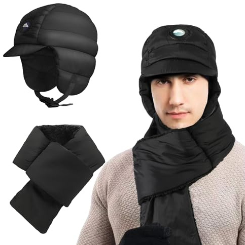 TAGVO Mütze Schal Sets für Damen Herren, Winddicht Einstellbar Slouchy Beanie Mütze Herren, Winter Halswärmer Daunenmütze, Warme Winter Mütze Schal Sportmütze für Laufen Wandern