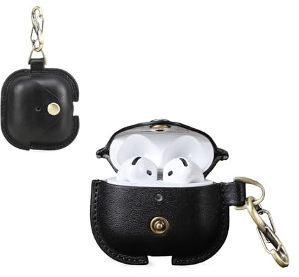 CONTACT'S FAMILY Funda para AirPods 4, Funda de piel auténtica para Airpods 4, Compatible con AirPods de 4ª generación (2024) con gancho para llaves (Negro)