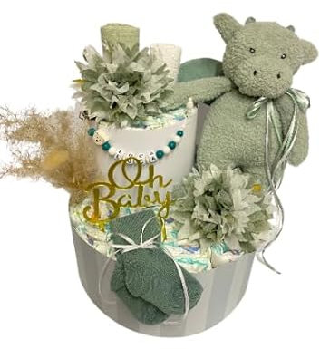 Windeltorte mit Name - Drache boho Eukalyptus Salbei - Geschenk, Babyparty, Geburt, Taufe, Babygeschenk
