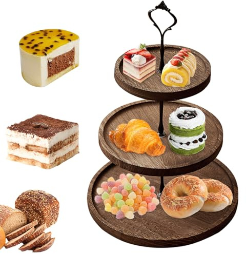 Miawtro Afternoon Tea Cake Stands, 3-Layer Wooden Cake Stand with Metal Handles,Polished Dessert Display Cupcake Stand,Retro and Elegant Cake Stand 3 Tier for Afternoon Tea Wedding Baby Birthday Party