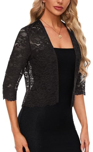 Kyzoeyou Cardigan da donna casual in pizzo Bplero coprispalle manica a 3/4 coprispalle capispalla vestito coprire top, B-nero, M