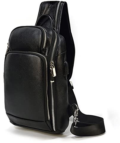 BHBYAFASH Crossbody Brusttasche, Herrenschlingbeutel Anti Diebstahl Brust Pack Sling Rucksack Echtes Leder Crossbody Umhängetasche Radfahren Wandern Mehrzweck-Tagsack(Black Litchi)