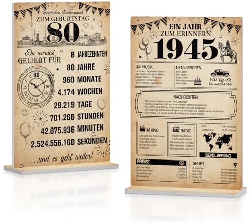 Putuo Decor 1945 Jahrgang Rückblick & 80 Geburtstag Tischaufsteller Set – PVC Nostalgie Dekoration für besondere Geburtstagsmomente