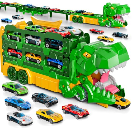 Dinosaur Toys with 12 Die-Cast Cars for 2 3 4 5 Year Old Boys Girls, Race Track Truck Carrier, 59-Inches Foldable Transporter Toy Set, Kids Birthday for Boys Age 3-6 (Green)