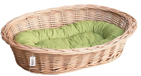 Wiklinowy Świat - Weidenkorb Hundebett Katzenbett, Weidenbett für Haustiere - Natürlich warm, atmungsaktiv und stilvoll - Verschiedene Größen 50x35x13cm - grünes Kissen