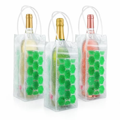 Lot de 3 Sacs Rafraîchisseurs de Bouteille - Seau à Glace Nomade avec Gel Vert - Housse Isotherme Portable avec Poignées pour Vin, Champagne & Bière - Idéal Pique-Nique, Jardin & Cadeau (PVC Étanche)