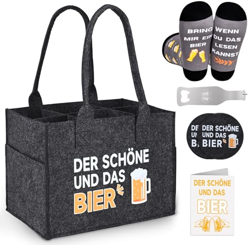 Alishomtll Geschenke Flaschentasche für Männer, Filz Männerhandtasche Bier 6 Flaschen, Bierfest Vatertag Geburtstag Herrenhandtasche mit Flaschenöffner, Socken, 2PCS Filzuntersetzer, Grau