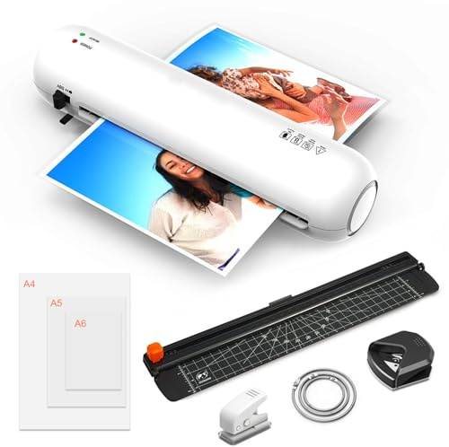 A4 Laminator Machine, 9 inch Thermal and Cold Laminators with 15 Laminating Pouches, Portable Laminator No Bubble for Home/Office/School use (White)