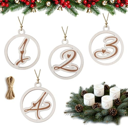 Joxessaien Adventskranz Zahlen 1-4 Holzanhänger Ø 5cm – Adventszahlen Set für Kerzen & Kerzenhalter, Advent Deko Weihnachten, Zahlenschilder Holz Rund, Weihnachtsanhänger Adventsgesteck