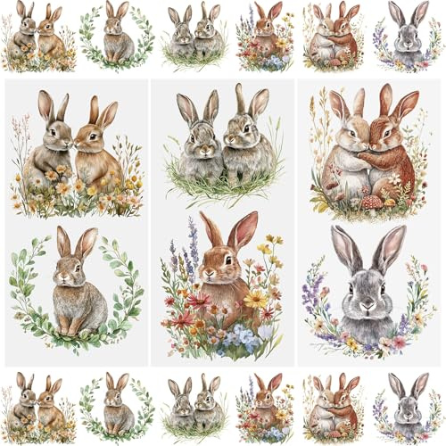 WANDIC 3 Bogen Rub On Sticker Ostern Transferaufkleber, Frohe Ostern Deko Osterhasen Blumen Wasserdicht Aufkleber Handarbeiten Rub Ons Frühling Aufkleber für Glas Keramik Holz Möbel, 15 x 30 cm