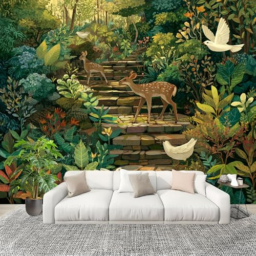 Fotomurales Decorativos Pared 3D Animales Y Flores Del Bosque Papel tapiz Fotográfico Grande Extraíble 200X140 Cm Verde Papel Pintado Moderno de lujo, Murales Interiores, Mural Stickers