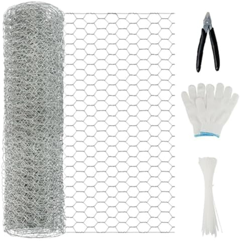 Lawnoval Valla de malla de alambre hexagonal galvanizado para jardín, aves y mascotas, rollo de 35 cm x 5 m con guantes, cortadores y bridas