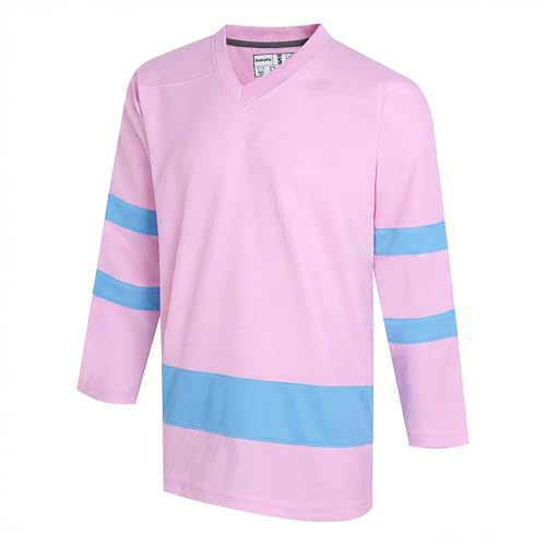 Gabiphy Men's Ice Hockey Jerseys for Women Unisex Boys Girls Long Sleeve Athletic Shirts Sports Practice Tops Hiking Training Light Pink Jersey-Light Blue Stripe,Men Size 3X-Large