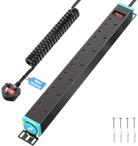 Pindus 7 Way Wall Mount Extension Lead, 19 inch Rack, 360° Swivel Brackets | PDU Power Strip, Surge Protection, Metal Housing, 1.5 m Coiled Cable, ON/OFF Switch, 13A Rated, Workbench & Standing Desk