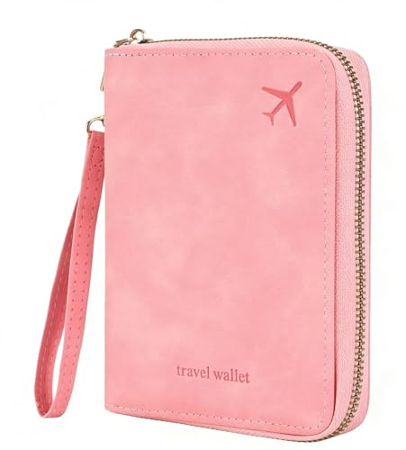 Portafoglio da viaggio MUU con blocco RFID per passaporto, organizer per documenti in pelle sintetica PU rosa con chiusura a cerniera e cinturino da polso