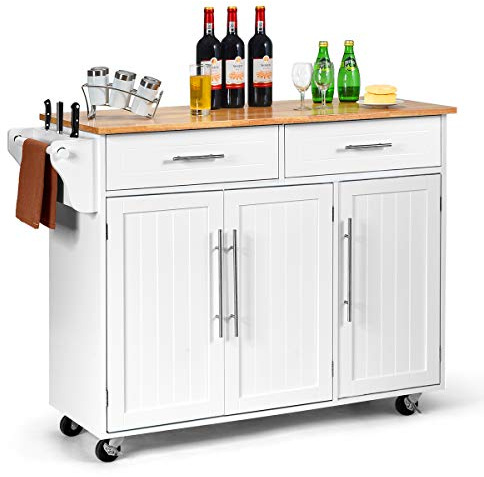 COSTWAY Kitchen Island Cart, Large Storage Trolley with 2 Drawers, 2 Cabinets, Knife Rack, 4 Lockable Wheels & Rubber Wooden Tabletop, Mobile Serving Utility Cart, 122 x 46 x 92cm (White)