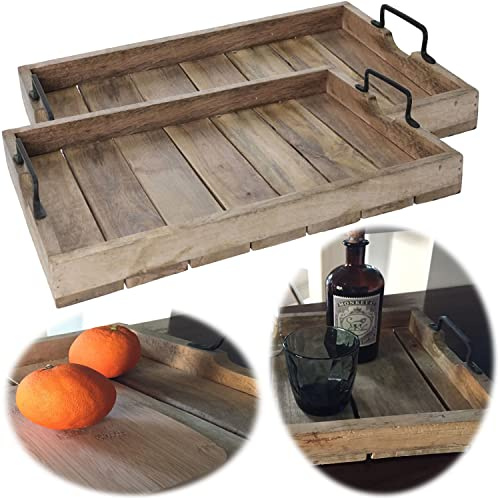 LS-LebenStil 2X Mango-Holz Serviertablett 38x25x8cm Set Griff-Tablett Betttisch Betttablett Holztablett Küchentablett Frühstückstablett mit Griffen