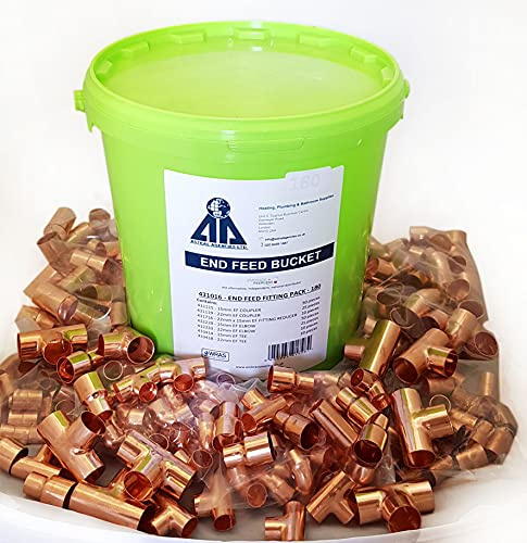 Astral Agencies - Copper End Feed Fittings Bucket - WRAS Approved Plumbing Fittings Elbows, Tees & Reducers 15-22mm - Pack of 180pc (Include Reusable Bucket)