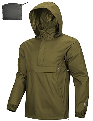 Outdoor Ventures Rain Jacket for Men Waterproof Pullover Lightweight Hooded Outdoor Raincoat Packaway Breathable Reflective Anorak Jacket for Travelling, Camping, Running, Hiking, Green M