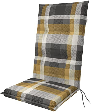 Doppler Hochlehner-Auflage 119x48x6 cm – Weiches Gartenstuhl-Polster mit Bindebändern | Gelb Kariert | Bequeme Sitzauflage für Balkon, Terrasse & Garten | Sitzauflage Gartenstuhl mit hoher Lehne, 6cm dickes Sitzpolster mit Bändern, Baumwoll-Polyester-Mix, Made in Europe
