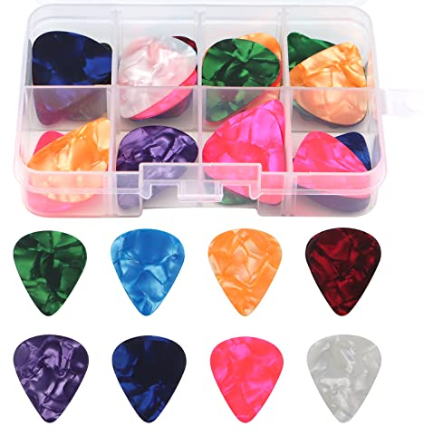 Guitar Picks, 32 pcs Zelluloid Guitar Plektren mit Box, 4 verschiedene Dicken, Gitarrenzubehör für Akustikgitarre, Ukulele, Bass, E-Gitarre(0.5/0.75/1/1.2mm)