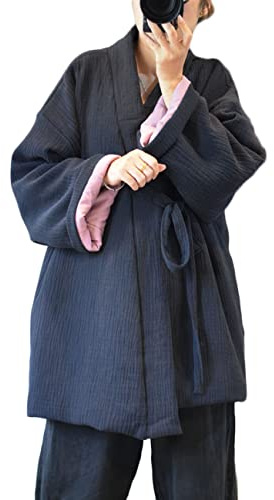 NFYM Chaqueta Hanten de algodón para mujer, estilo kimono, cálido, acolchado, para invierno, Azul marino, Talla única