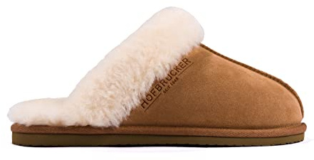 Hofbrucker warmer Lammfell Hausschuh für Frauen mit fester Sohle Obermaterial 100% Lammfell in chestnut braun, Größe 41