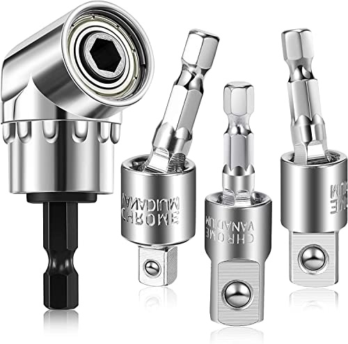 4PCS Impact Grade Socket Adapter Set, 360°Rotatable 1/4 Hex Shank Impact Driver Socket Adapter, 1/4 3/8 1/2 Impact Grade Driver Sockets Adapter, 105°Right Angle Drill Bit Adapter Attachment