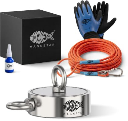 Magnetar - Magnetfischen Set - Doppelseitig 500kg Bergemagnet - Magnetangel Paket mit Doppelmagnet/Seil/Handschuhen/Kleber - Angelmagnet zum Magnet fischen