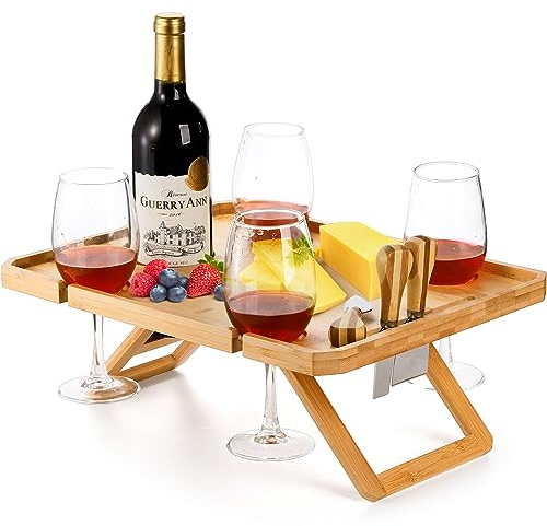Kingrol Table de Pique-Nique en Bambou avec Bouteille de vin, Verre et Porte-Couteau à Fromage – Parc, Camping, Plage, en-Cas extérieur et Plateau à Fromage, Cadeau pour Amateurs de vin, Pliable et