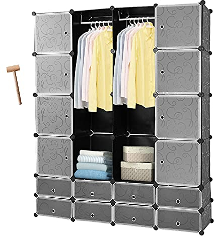 Sonnewelt DIY Kleiderschrank Steckregal Aufbewahrung Lagerregal Bücherregal Mit 2 Kleiderstange 16 Würfeln Regalsystem mit Hammer PP-Kunststoff Steckregalsystem Aufbewahrungsregal, Schwarz