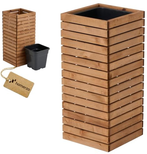 HOMERZO Pflanzkübel Holz – imprägniert wetterfest – mit herausnehmbarem Kunststoffeinsatz – Pflanztopf Blumenkasten für Balkon Garten Terrasse (Horizontal-braun 36x36 H80 cm)