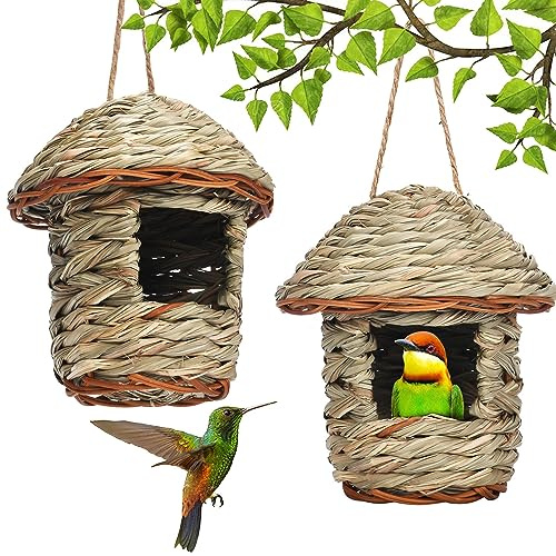 2 Piezas Nido Exterior Tejidas a Mano con Hierba, Casa Colgante para Pájaros Pequeños (Round)
