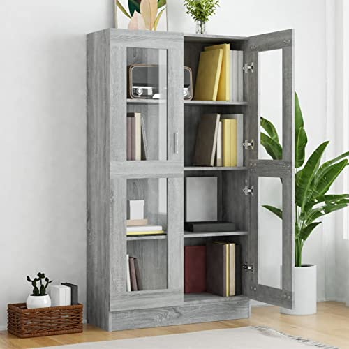 NITCA Vitrinenschrank Glasvitrine Bücherschrank Mit Glastüren Vitrine Grau Sonoma Schrank Mit Vitrine Glasvitrine Groß Esszimmer Vitrinenschrank 82,5x30,5x150 cm Holzwerkstoff