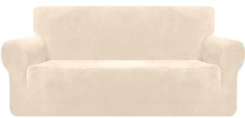 Granbest Premium Thicken Plush Velvet Sofa Cover 3 Seater High Stretch Couch Cover Super Soft Sofa Slipcover Luxury Furniture Protector for Pets and Kids (3 Seater, Beige)