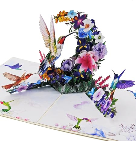 Favour Pop Up® - ein prachtvolles Blumebouquet mit bunten Kolibris in 3D, zum Geburtstag, zum Jubiläum, auch für Geldgeschenk oder Gutschein. XP933