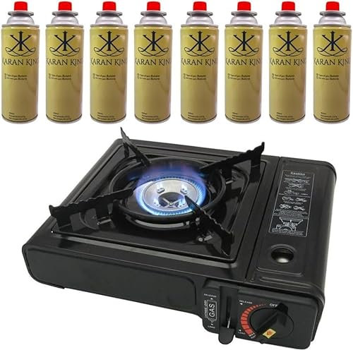 ASMGOLD Portable Gas Stove with Carry Case-For Outdoor Camping, Fishing and BBQ-Automatic Ignition System, Heat Control, Enamel Pan Support, Butane Can or LPG Gas Source-Black (Stove + 8 Butane Gas)