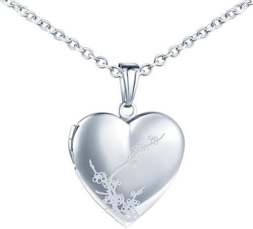 MICMIF Collana Donna Foto Personalizzata Medaglione con Fiori di Prugna, Acciaio Inossidabile Ciondolo Cuore Medaglione per Foto Portafoto con Catena 50cm Gioielli per Mamma Moglie Fidanzata